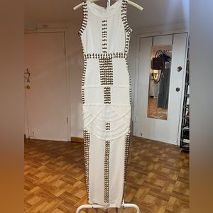 White Maxi bandage dress with gold metallic details